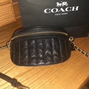 Coach Quilted Black Leather Belt Bag with Brass Hardware with leather in chain